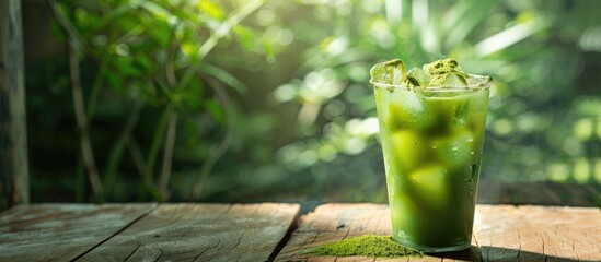 Aufkleber - A glass of iced matcha green tea placed on a wooden table with room for more images. Creative banner. Copyspace image