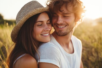 A couple in casual summer attire shares a warm embrace in a sunlit field, evoking romance and tranquility.