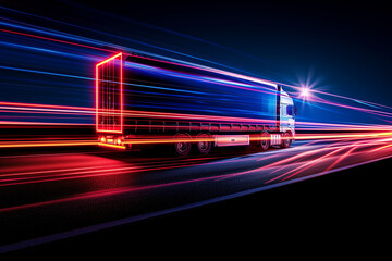 motion blur of a fast moving truck on the highway, black and blue, purple, pink neon colors