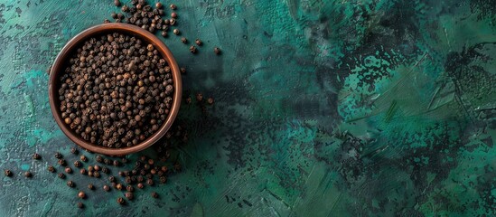 Sticker - Top view of a bowl filled with ground black pepper on a green surface with copy space image