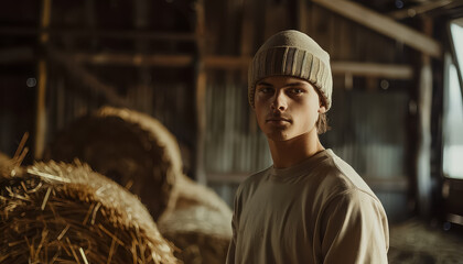 Wall Mural - A man wearing a hat and a blue shirt stands in front of a pile of wood