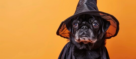 Sticker - Pug in a witch costume and wig perfect for Halloween isolated on an orange background with copy space image