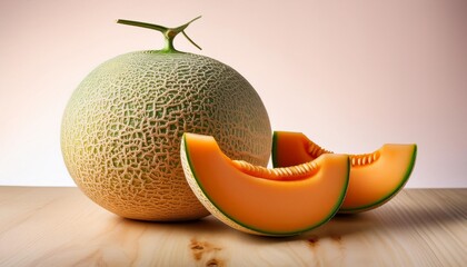 Wall Mural - whole and sliced cantaloupe melon on neutral background generative ai