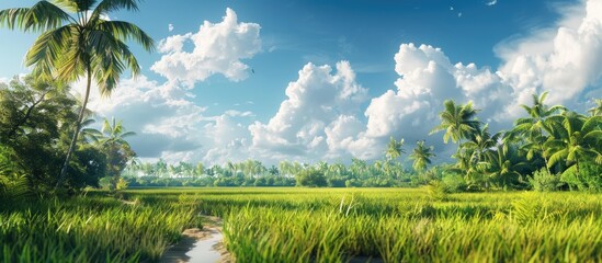 Poster - Scenic view of a lush paddy field with coconut trees in the background set against a vibrant sky with white clouds ideal for a copy space image