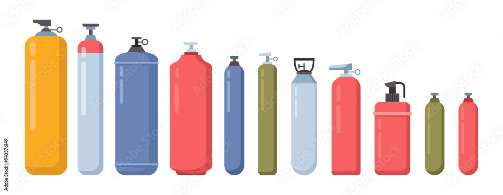 Gas storage cylinders flat. Vector isolated set of containers for ...