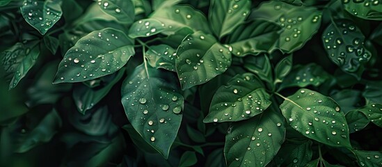 Poster - Leaves adorned with water droplets post rain creating a picturesque scene with copy space image