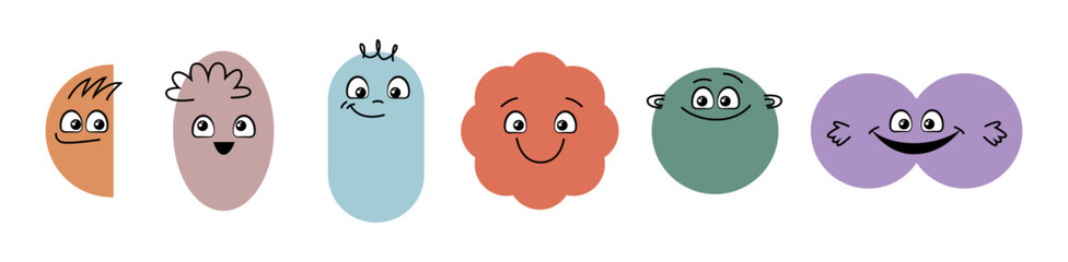 Aufkleber - Cartoon characters in form of geometrical shapes. Vector different geometry figures with emotions and smiling facial expressions. Elementary education. Social media reaction sticker, children drawing