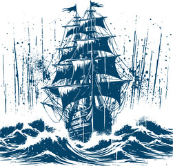 Wall Mural - Vintage sailboat on the waves vector monochrome art illustration