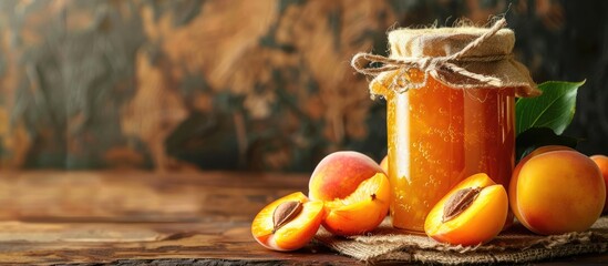 Poster - On a vintage brown table there is a glass jar of apricot jam surrounded by fresh fruits Copy space image