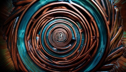 Poster - into the labyrinth a digital abstract work with a dark spiral design in blue green and copper