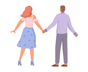 Couple back, boy and girl holding hands and walking. Vector flat cartoon character, isolated boyfriend and girlfriend on date strolling. Beloved man and woman expressing love and affection