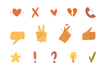 Poster - Hands icons and symbols collection. Vector different gestures and signals. Arm poses pointing thumb up and down, peace and love symbols. Heart and star, question and exclamation signs