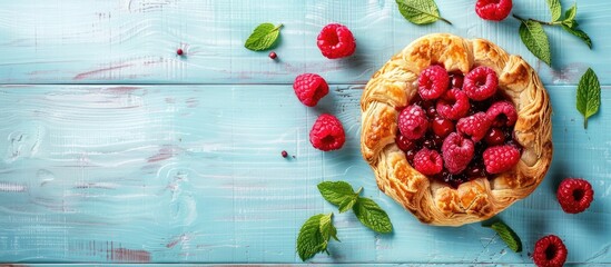 Aufkleber - View from above of a delectable puff pastry garnished with raspberries and mint on a pale blue wooden surface leaving room for copy space image