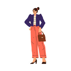 Poster - Businesslady wearing fashionable and modern uniform. Vector flat cartoon character, female personage holding bag in hands, woman working at office, isolated employee or lady boss, manager