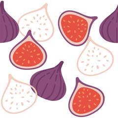 Wall Mural - Seamless pattern Two fresh figs, one whole and one halved ripe fruit in purple skin. Healthy vitamin tropical food piece. Organic exotic eating. Flat vector illustration on white background