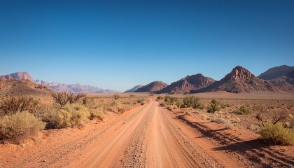 rocky dirt road stretches into arid desert landscape framed by rugged mountains under a clear blue sky