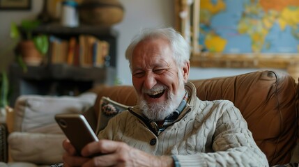 Canvas Print - An elderly man joyfully interacting with his smartphone while seated in a cozy living room.