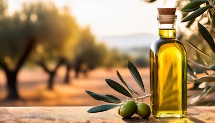 Wall Mural - mock up with unlabeled olive oil bottle branches olives and blur background