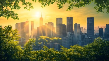 Poster - Aerial View of a Modern City Skyline with a Sustainable Urban Development Concept Overlay Highlighting Renewable Energy Green Infrastructure and Carbon Credit Trading