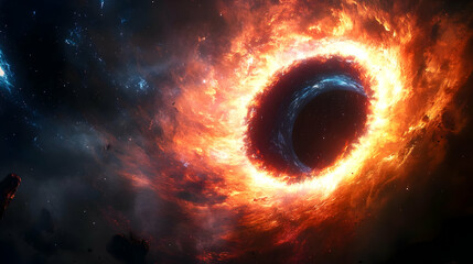 A fiery black hole in the center of a galaxy surrounded by stars and asteroids.