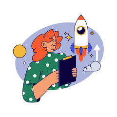 Aufkleber - Control and supervision on business startup or project. Vector flat cartoon character looking at launching rocket, checking information in document, plant or strategy documentation