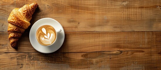 Poster - A cappuccino and a fresh croissant displayed on a wooden table in a flat lay image showcasing copy space