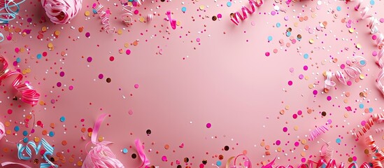 Leinwandbilder - Pastel pink background with streamers confetti and a copy space image perfect for birthday party decorations