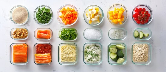 Wall Mural - Nutritious food displayed in glass containers with ingredients on a white background in a flat lay composition suitable for adding text in copy space image