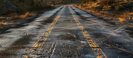 Poster - Deserted road with a crosswalk showing tire marks providing a copy space image