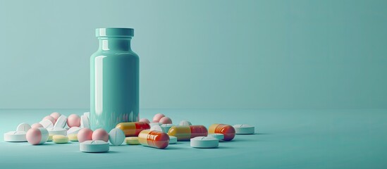 Aufkleber - An image of antibiotic pills and a bottle on a light blue backdrop with room for text suitable for a copy space image showcasing medicinal treatment