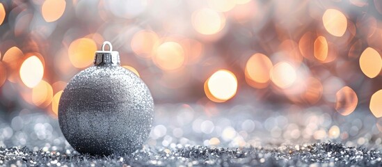 Canvas Print - Christmas bauble in silver against a blurry background with bokeh effect ideal for a banner design with copy space image