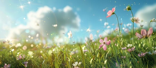 Poster - Nature setting with fresh grass and cosmos flowers in a picturesque meadow field providing a serene copy space image