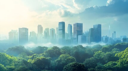 Poster - sustainable urban cityscape with carbon credit concept overlay a futuristic vision of eco friendly m