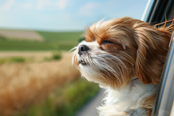 happy brown dog in car, ejoying a ride through a window, feeling warm wind blowing his furry ears, summer holiday ideas, traveling goals