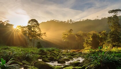 lush forest scene at morning sunrise in borneo malaysia