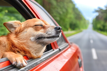 happy brown dog in red car, ejoying a ride through a window, feeling warm wind blowing his furry ears, summer holiday ideas, traveling goals