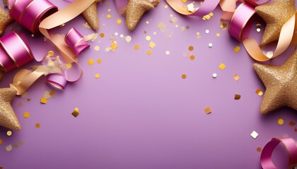 Canvas Print - a purple background with gold and pink confetti and pink and gold streamers