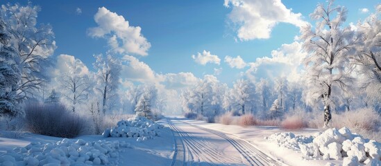 Aufkleber - Scenic winter scene featuring trees a road and a blue sky with fluffy clouds in copy space image
