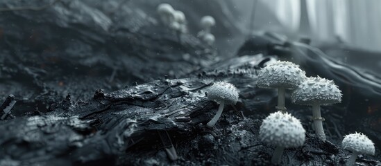 Aufkleber - Copy space image of white mushrooms growing on charred logs in the forest during the rainy season