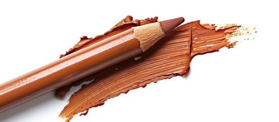 Poster - A textured brown wax crayon with rough strokes on white background featuring ample copy space image