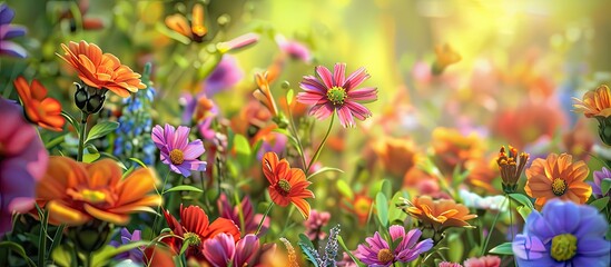 Fototapete - A vibrant garden filled with various summer flowers creating a scenic background with a focus on a single flower in a close up view in the center perfect as a copy space image