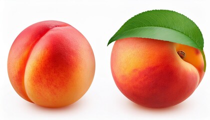 Wall Mural - ripe whole peach fruit with green leaf isolated on white background with clipping path full depth of field