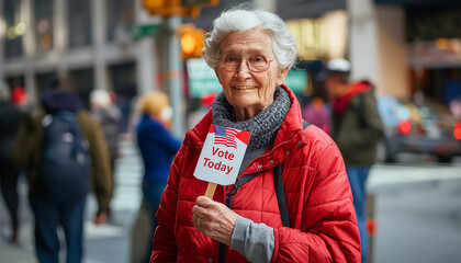 Sticker - A woman in a red coat holding a sign that says 