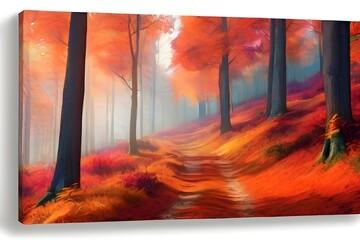 Wall Mural - Vibrant Forest autumn view. Orange nature season. Generative AI