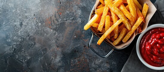 Poster - French fries arranged in a metal basket beside a crimson dip with copy space image
