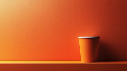 A cup is sitting on a shelf in front of a wall with an orange background