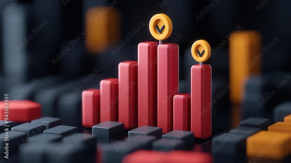 Risk management analysis, digital graphs with caution symbols, 3D ...