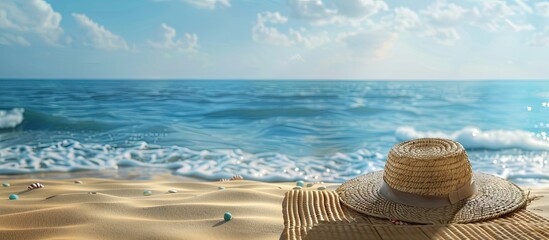 Wall Mural - Sandy beach with a summer straw hat on a beach mat against a sea and blue sky background providing a view for a copy space image Perfect for showcasing products