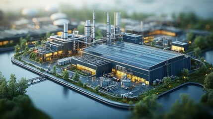 Poster - A sustainable factory layout emphasizes zero waste production with innovative energy solutions and lush surroundings.