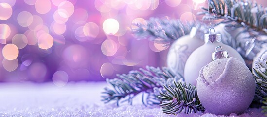 Poster - White Christmas ornaments and a fir branch used as Christmas decor set against a blurred purple backdrop in a copy space image